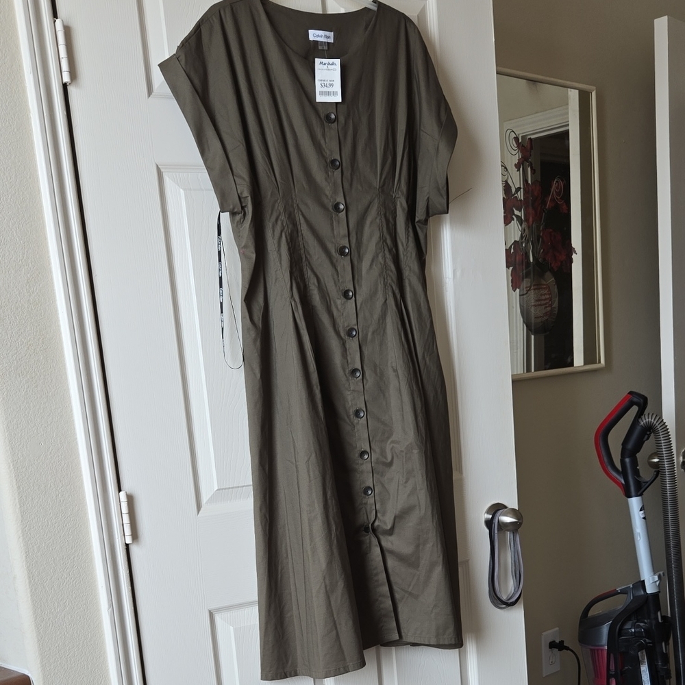 Calvin Klein Olive Button-Front Midi Shirt Dress